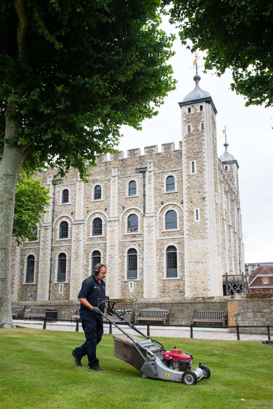 A groundsman mows a lawn in front of the White Tower, at the Tower of London, ahead of its reopening on Friday (dominic Lipinski/PA)