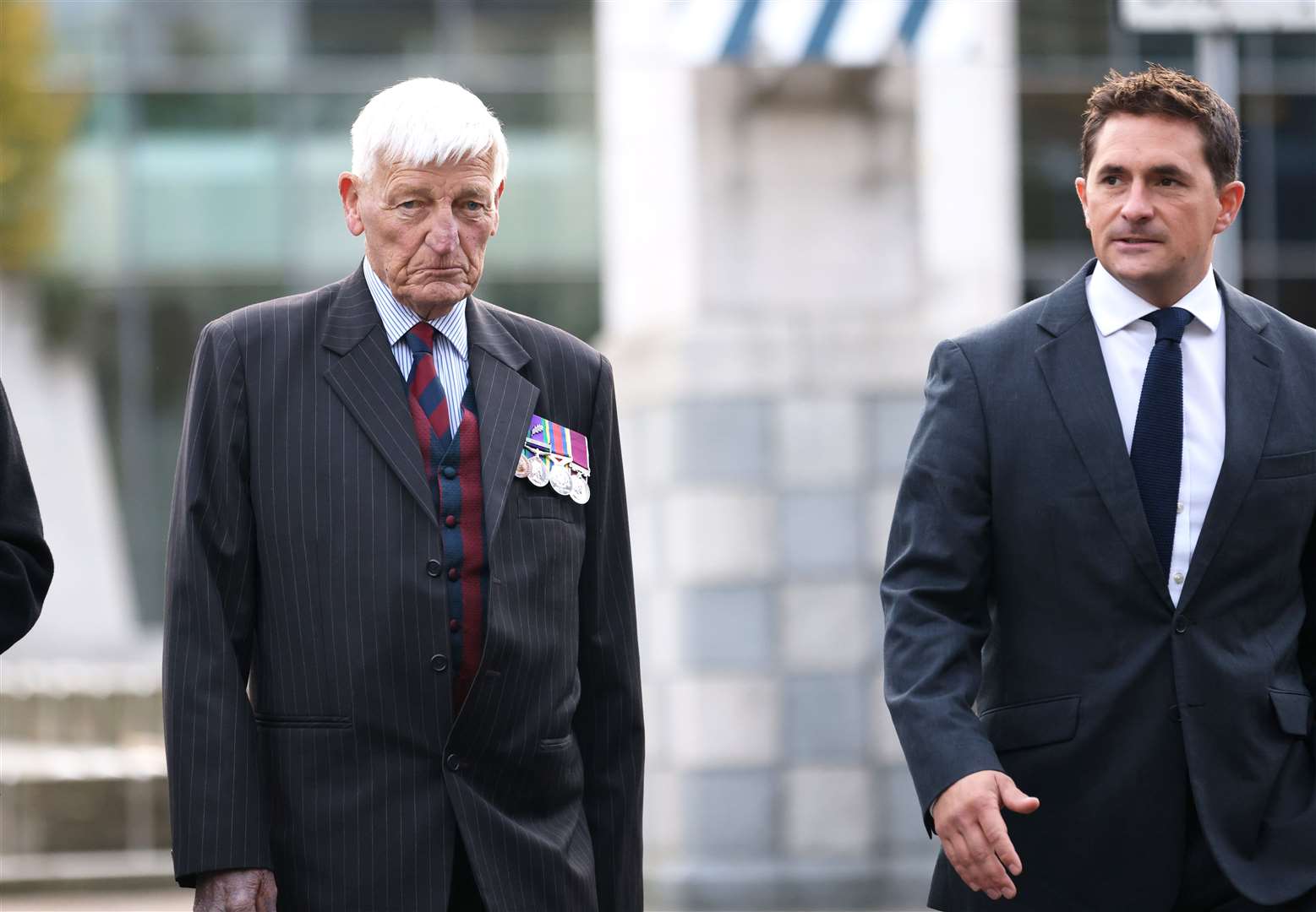 Dennis Hutchings with Tory MP Johnny Mercer, a former Army officer, at Laganside Courts in Belfast (Peter Morrison/PA)