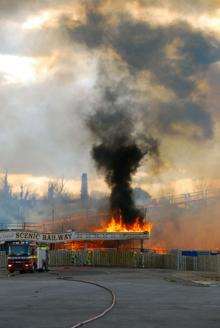 The Scenic Railway at the Dreamland amusement park, Margate, goes up in flames