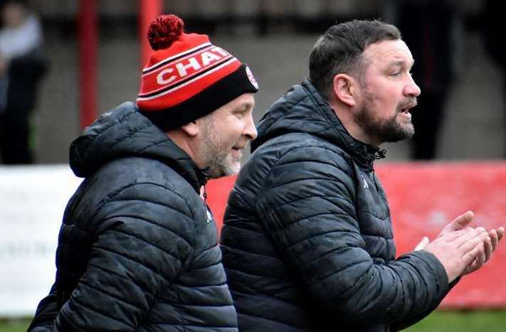 Chatham boss Kevin Hake on the sidelines alongside player-assistant Danny Kedwell last term. Picture: Randolph File