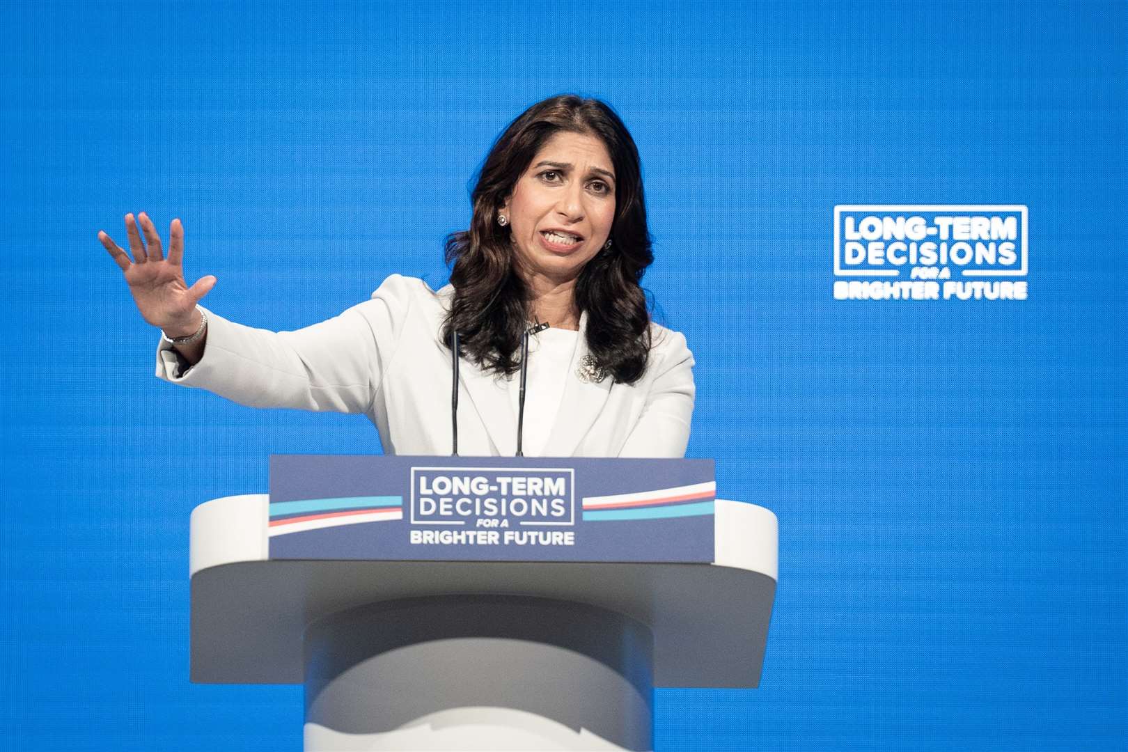 Home Secretary Suella Braverman attacked ‘gender ideology’ and a ‘privileged woke minority’ in her speech to the Conservative Party conference on Tuesday (Stefan Rousseau/PA)