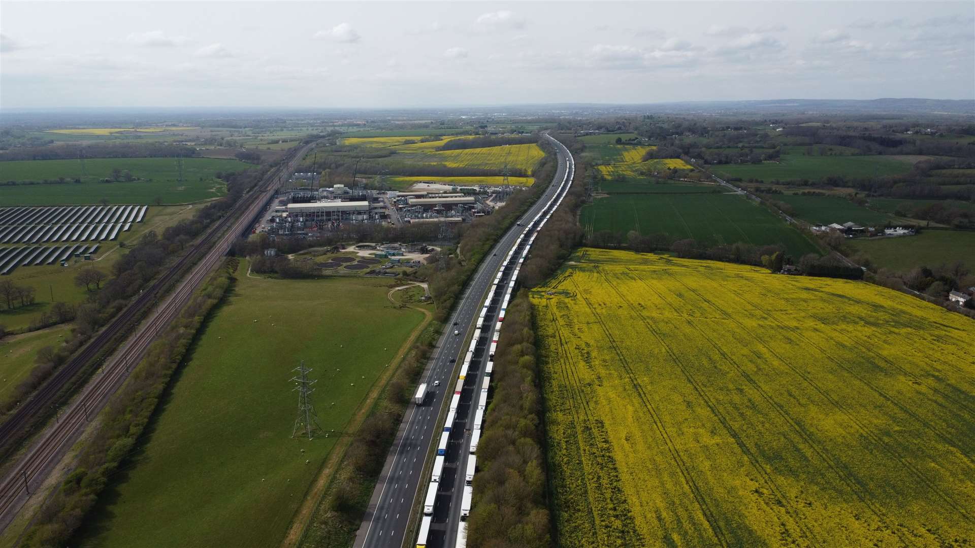 Lorries queuing on the M20 near Sellindge today, as part of Operation Brock. Picture: Barry Goodwin