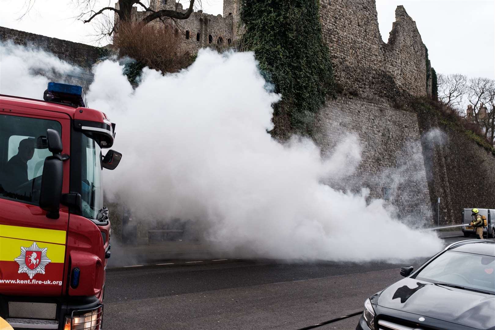 The exercise group formed a temporary road block while firefighters tackled the blaze. Photo: Yousef Al Nasser