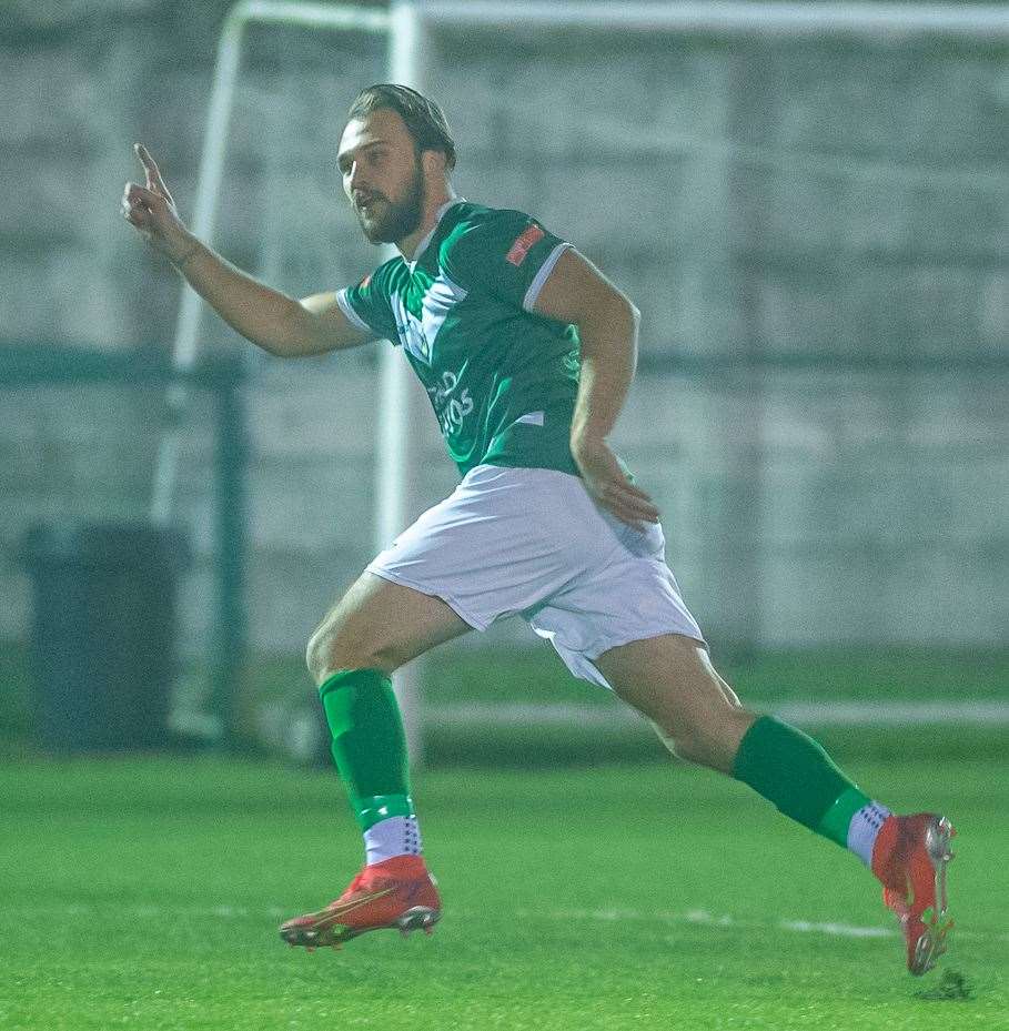 Luke Burdon celebrates scoring Ashford's third against Corinthian Picture: Ian Scammell