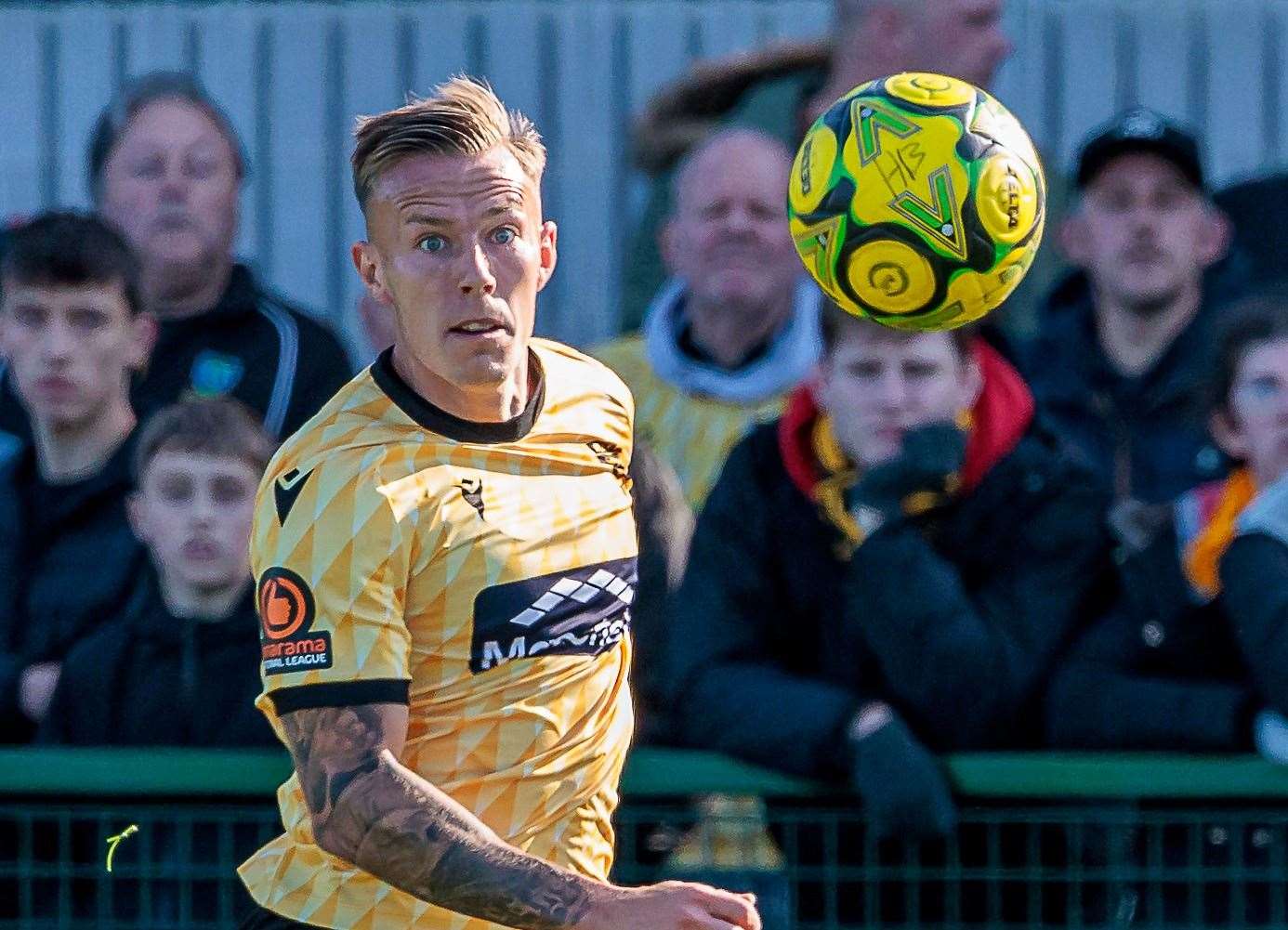 Maidstone skipper Sam Corne moves forward in their 1-0 weekend FA Cup win at Isthmian South East side Herne Bay. Picture: Helen Cooper