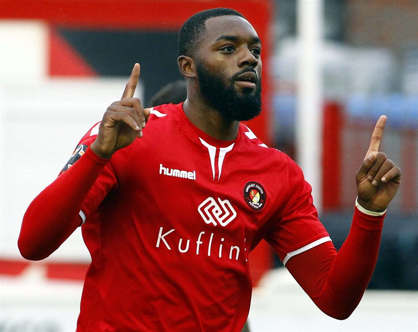 Ebbsfleet's Gozie Ugwu celebrates scoring against Chesterfield. Picture: Sean Aidan FM20700505