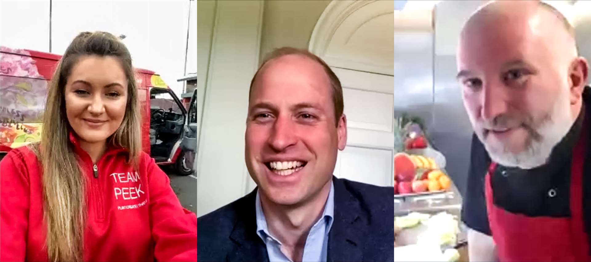 William on a video call with PEEK CEO Michaela Collins and community chef Charlie Farrally (Kensington Palace/PA)