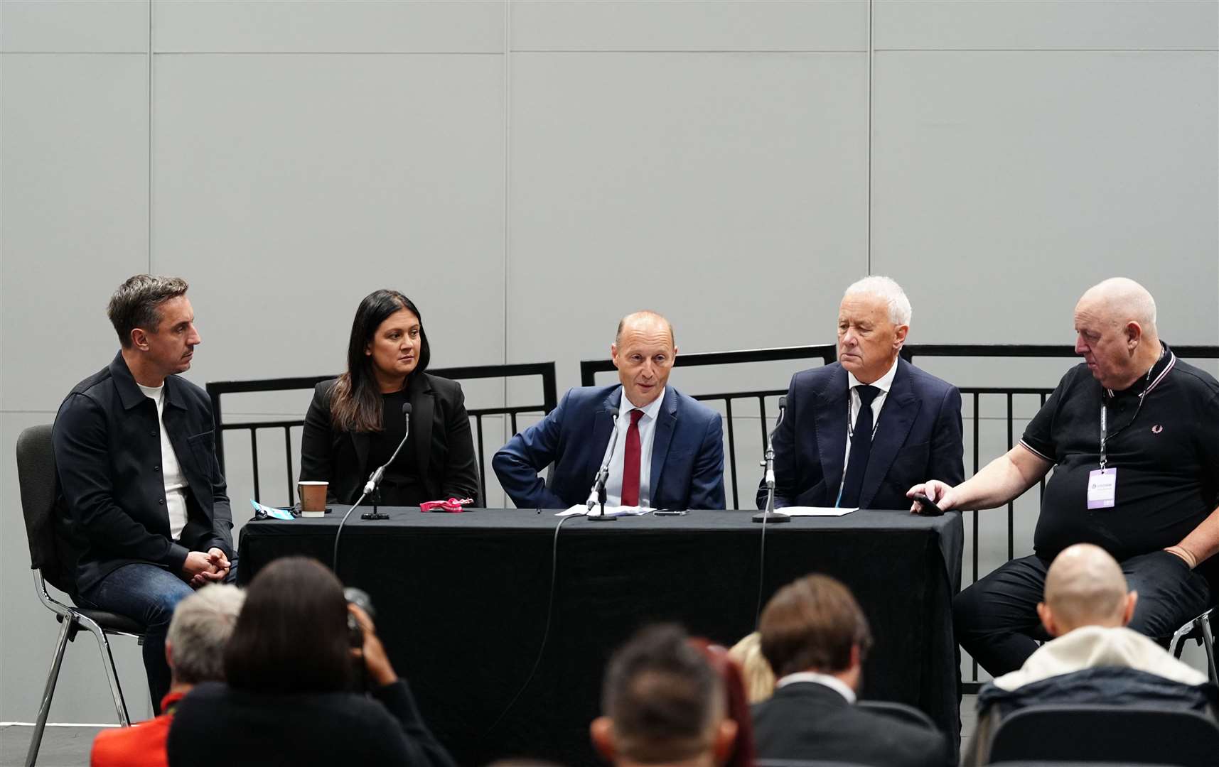 Gary Neville, left, attended the fringe meeting with Culture, Media and Sport Secretary Lisa Nandy, second left (Peter Byrne/PA)