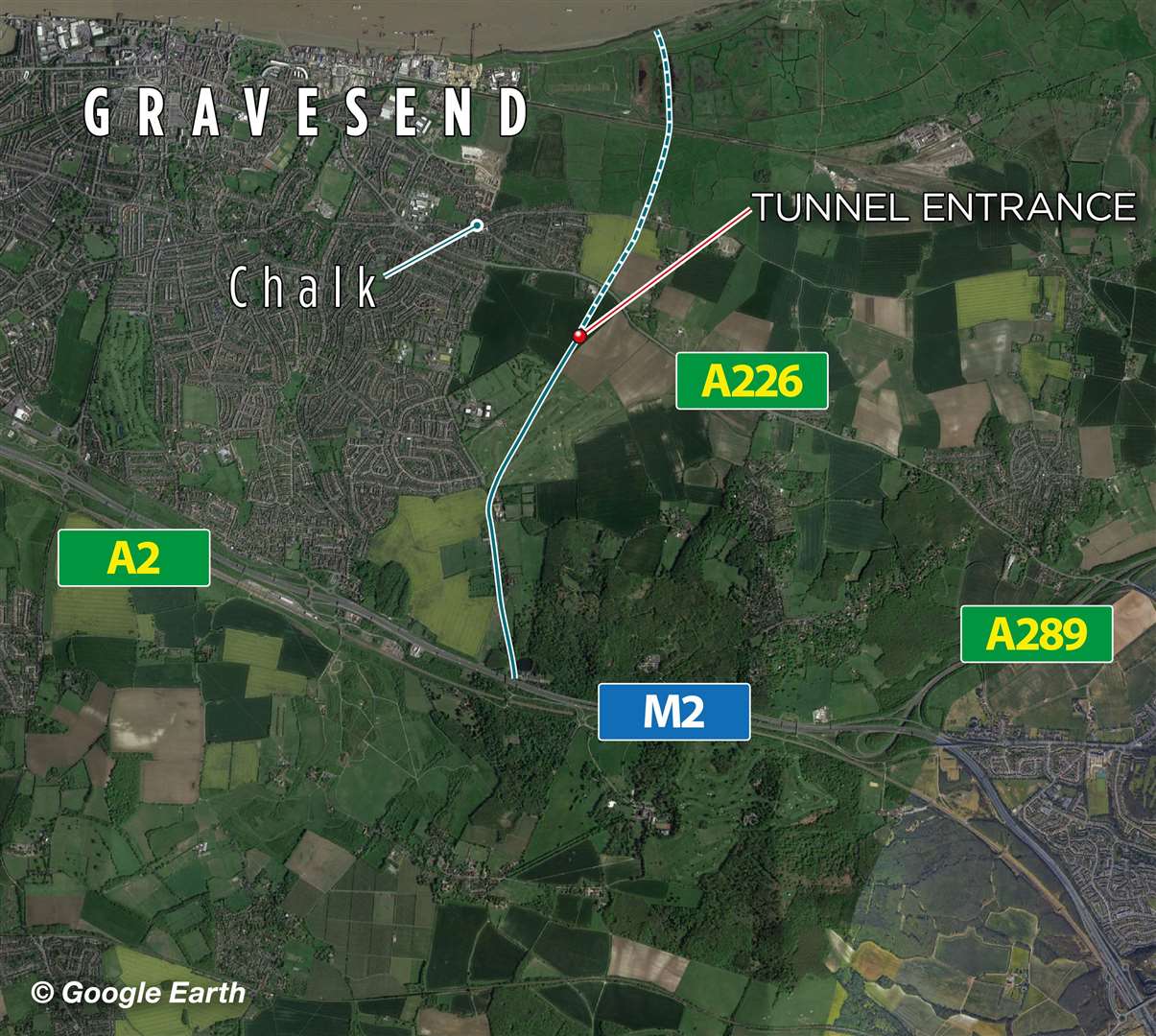 The updated planned route of the Lower Thames Crossing