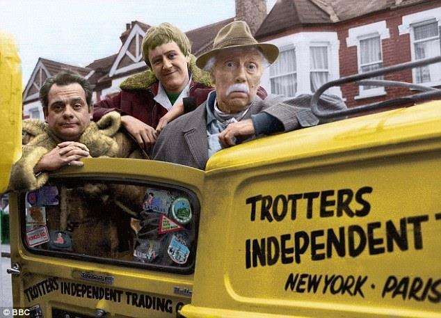 Only Fools and Horses' stars David Jason, Nicholas Lyndhurst and Lennard Pearce as Grandad with their trademark three-wheeler. Picture: BBC