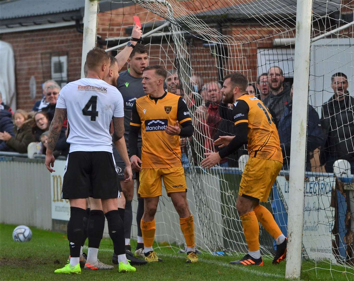 Maidstone midfielder Regan Booty receives his first red card at Hungerford Phil Cannings