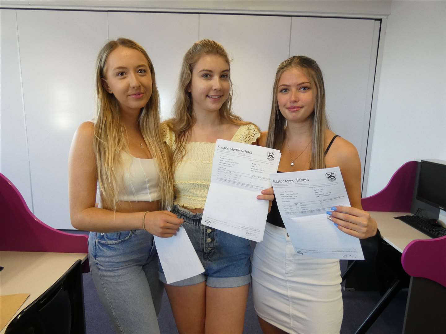Fulston Manor pupils, from the left, Laura Hunt, Caitlin Fuller and Lucy Hudson celebrating their A-level results