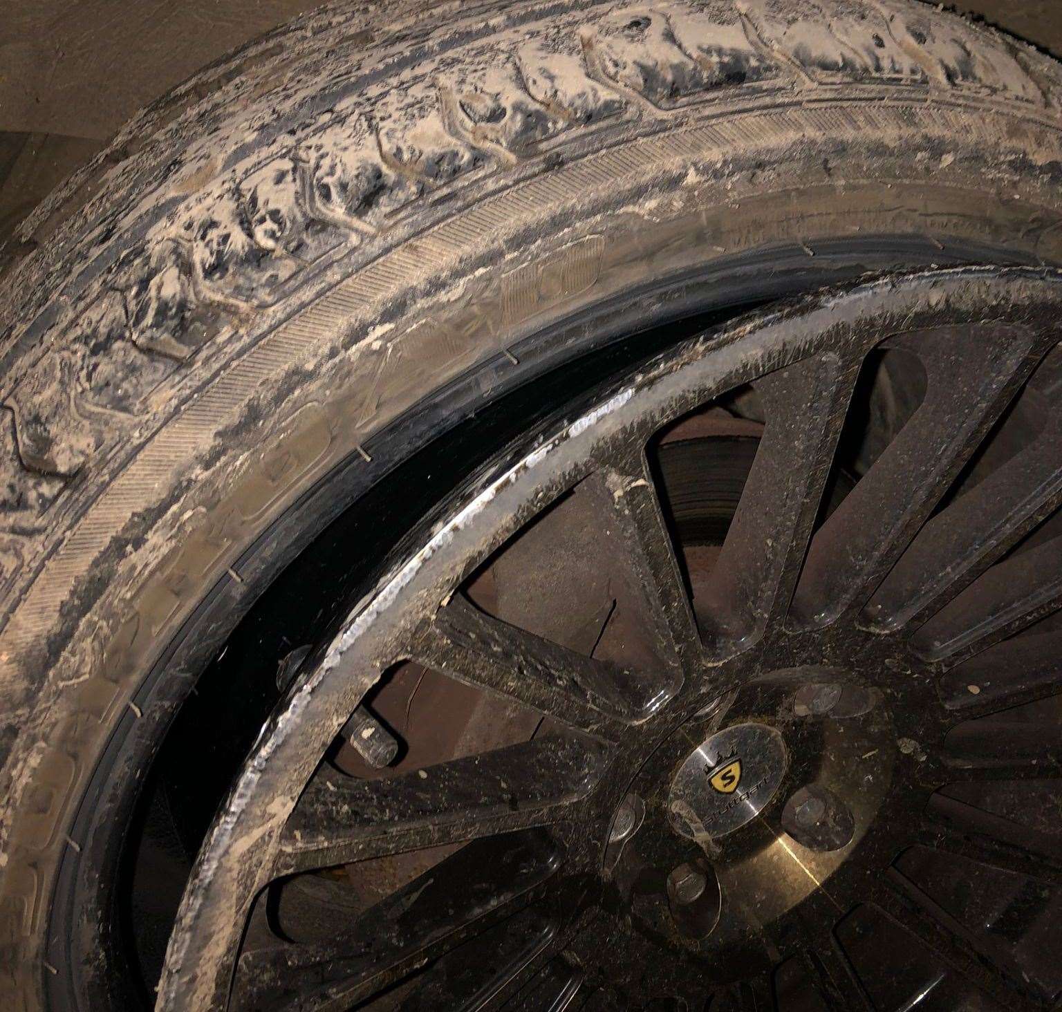 A car tyre damaged by one of the potholes in West Hougham