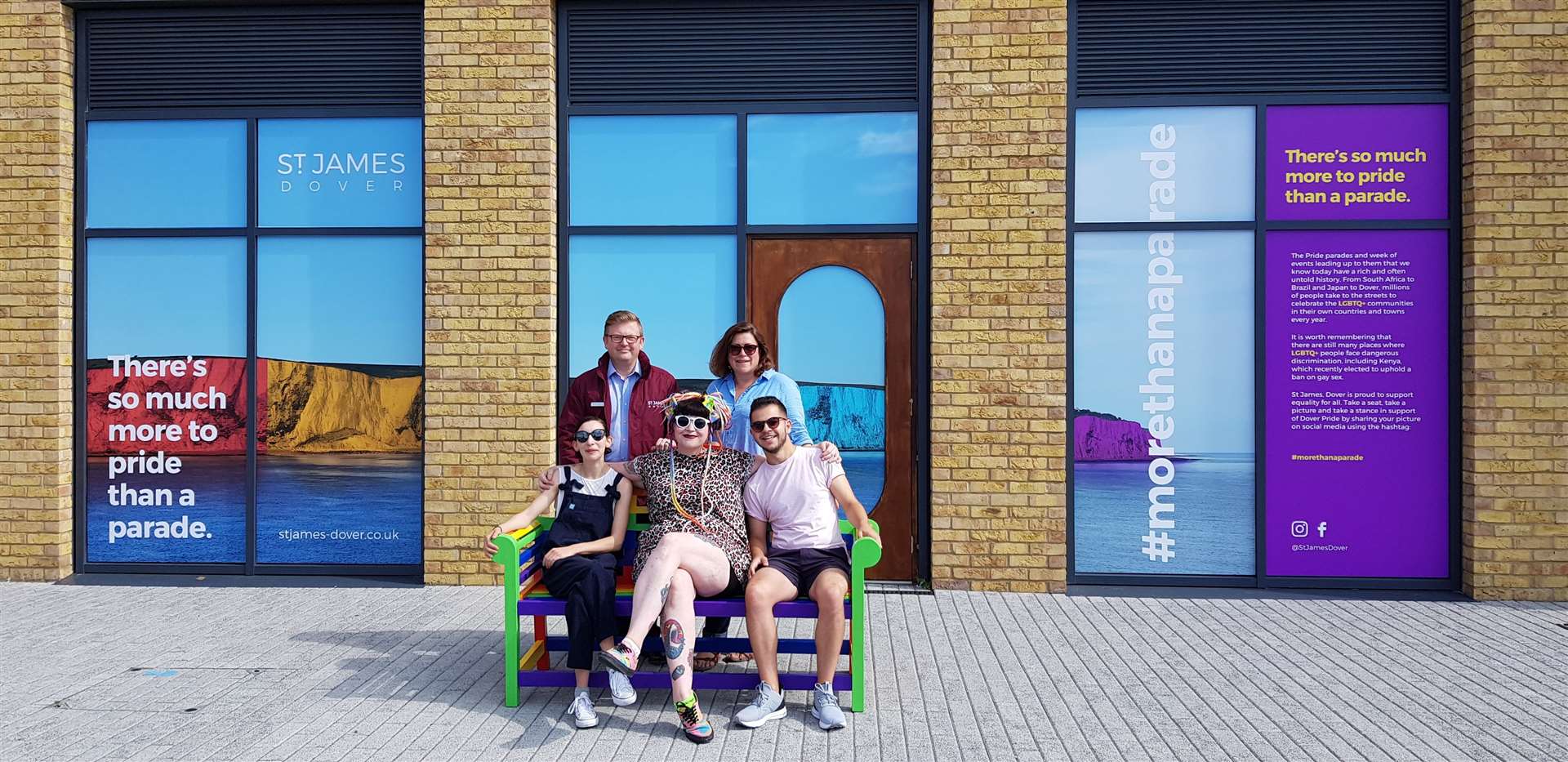 The new bench with, from top to bottom, left to right:, Geoffrey Hobbs-East, facilities manager at St James', Lisa Oulton, director of Future Foundry, Sarah Dimech of Future Foundry, and Pride organisers Frazer Doyle and Emma Brimson.Picture: Dover St James'