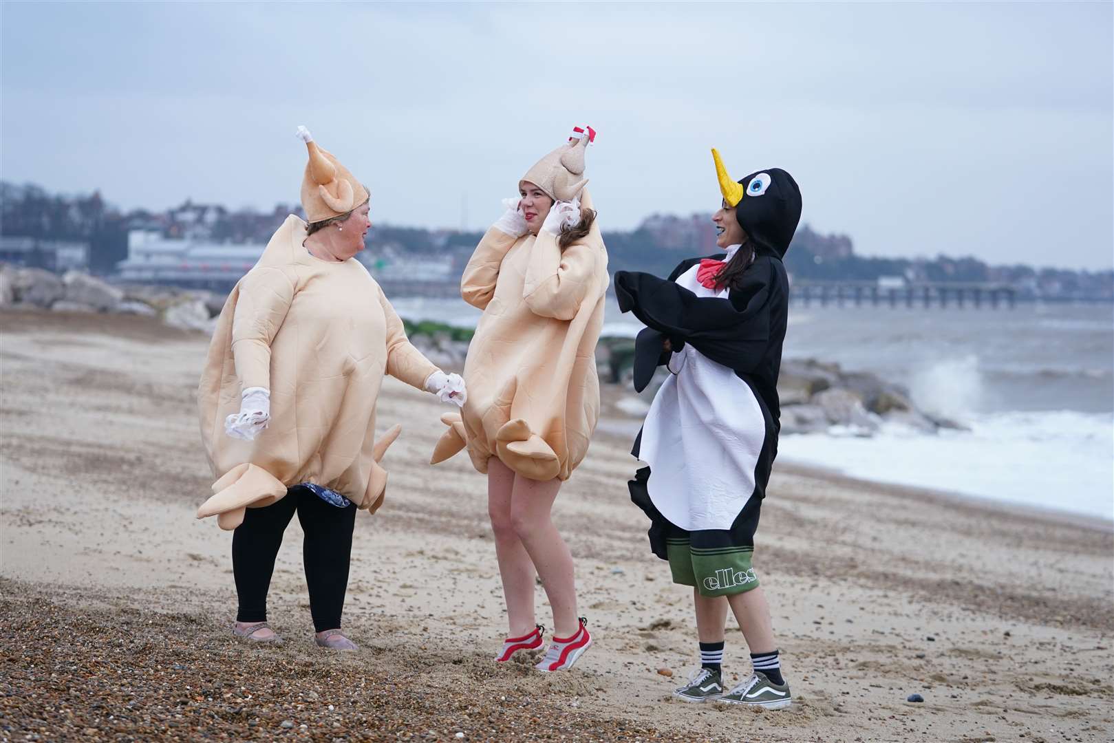 Disappointed swimmers dressed as turkeys and a penguin stand on the beach in Felixstowe, Suffolk, where the Christmas Day dip has been called off due to adverse weather (Joe Giddens/PA)