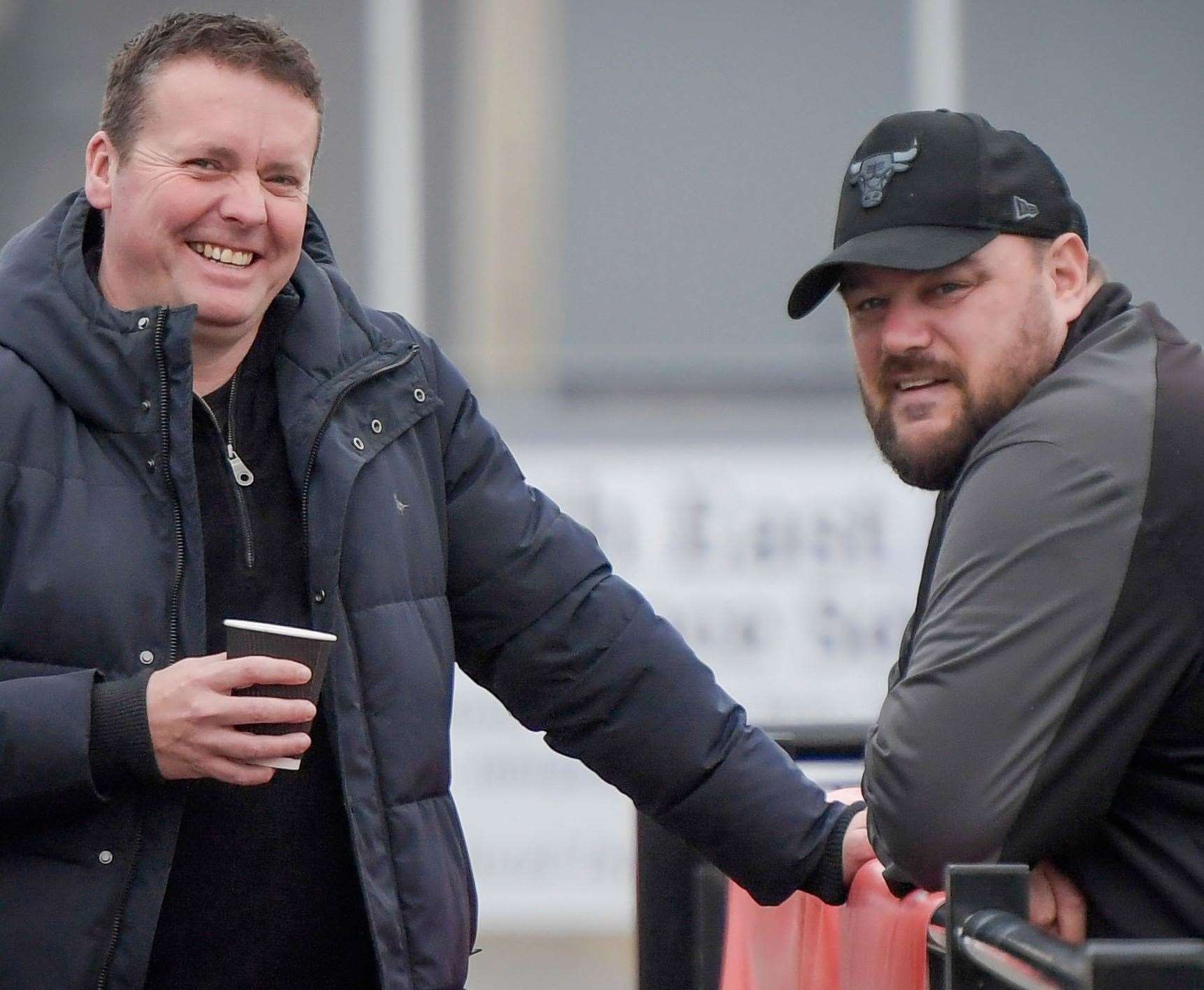 Ramsgate chairman James Lawson, left, and manager Ben Smith are all smiles. Photo: Stuart Watson