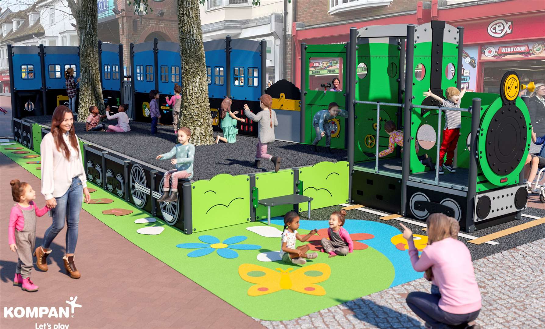 How the new train-themed play area in Ashford High Street will look. Picture: Kompan