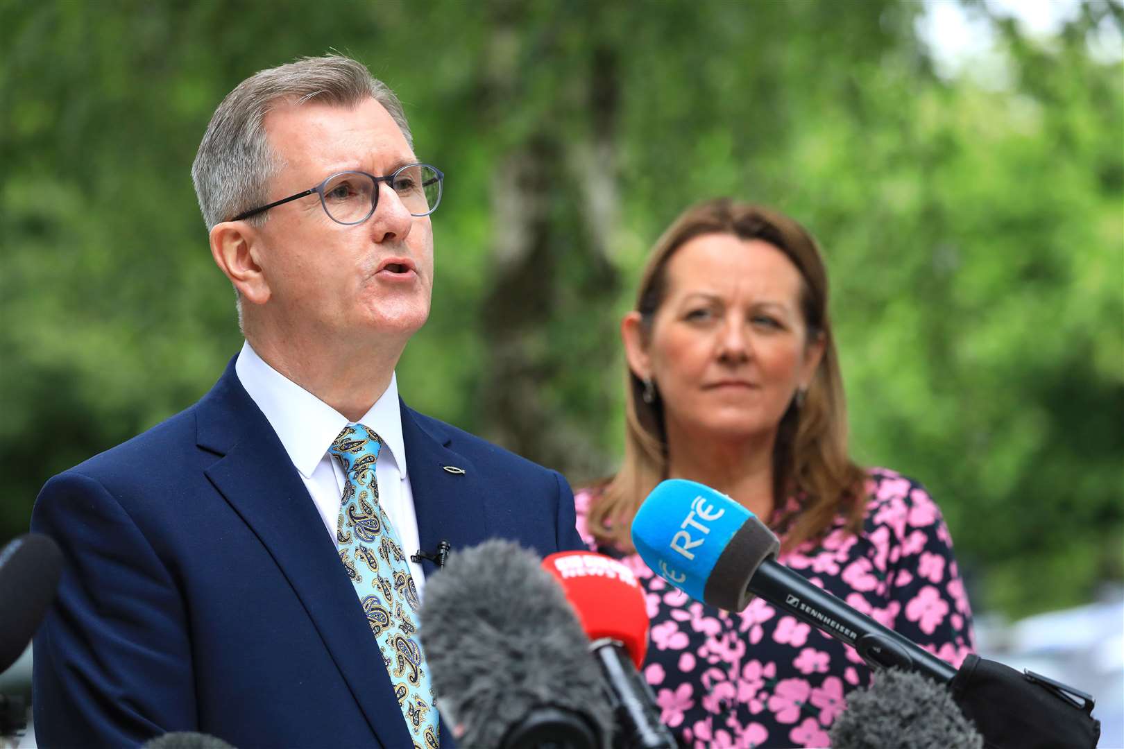 Newly elected DUP leader designate Sir Jeffrey Donaldson and deputy leader Paula Bradley, after the DUP electoral college endorsed him as the party’s new leader (Peter Morrison/PA)