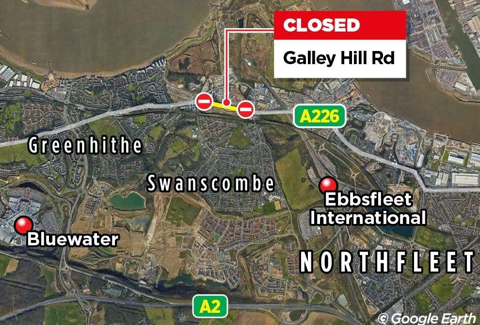 Graphic showing the closed section of A226 Galley Hill Road between Swanscombe and Northfleet