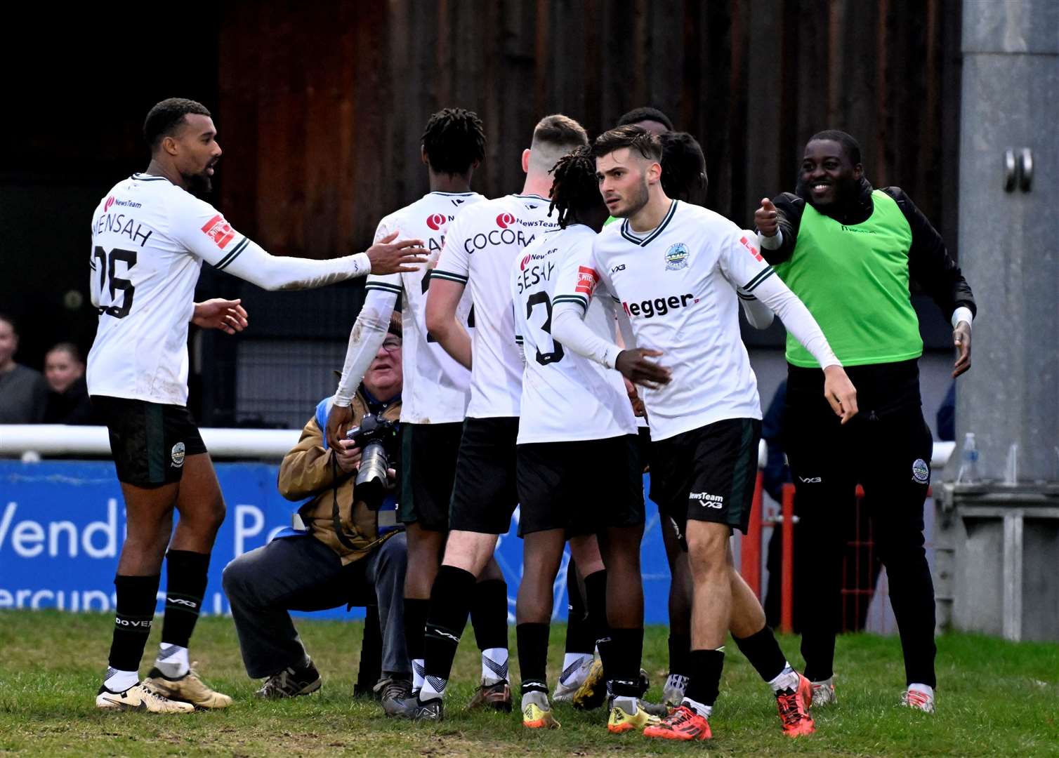 Dover’s players celebrate their equaliser just before half-time. Picture: Barry Goodwin