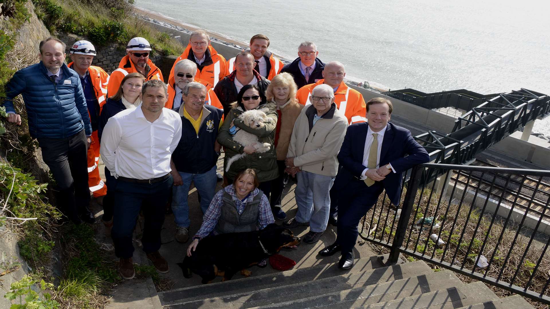 MP Charlie Elphicke with others includ members of Network Rail and the Channel Swimming Association at the new Shakespeare Beach footbridge.