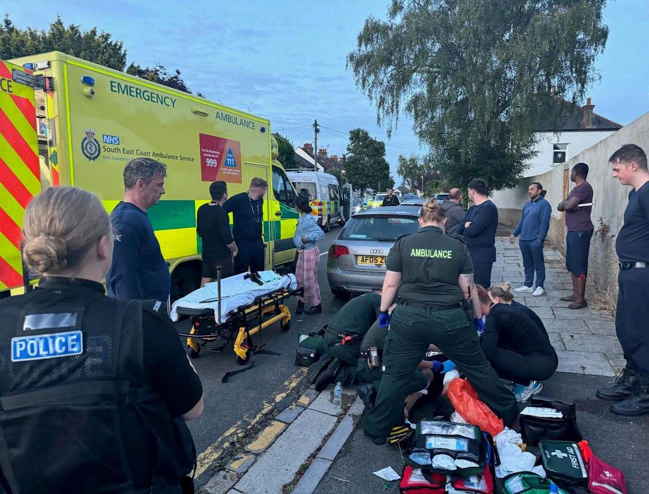 Paramedics treating Resham Singh after an XL bully attack in Gravesend. Picture: Bobby Dhanda