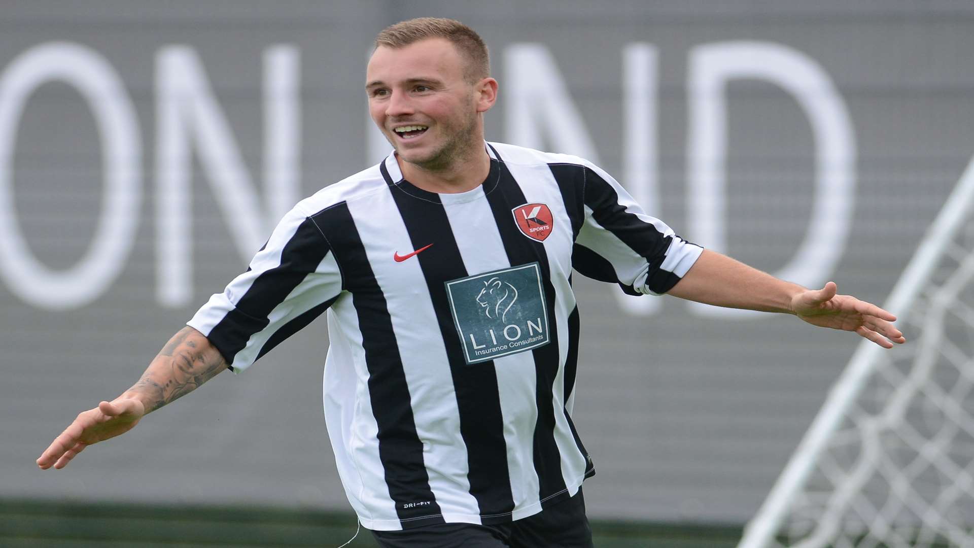 Jason Perry celebrates after putting K Sports ahead against Abbey Rangers in the FA Vase second qualifying round on Saturday. Picture: Gary Browne