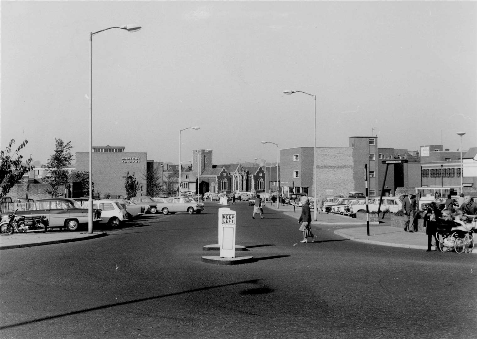 Looking down Gravel Walk, Canterbury, towards Rose Lane in Autumn 1965, before the building of the multi-storey car park and the Whitefriars complex