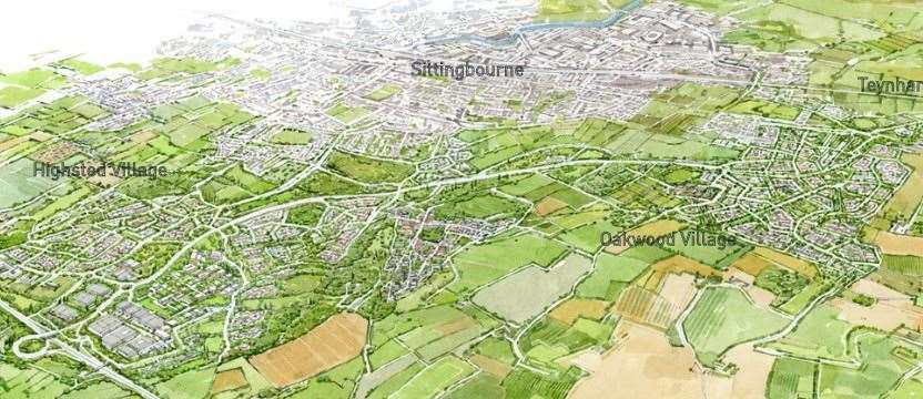 An aerial drawing of the planned development for land between Faversham and Sittingbourne. Picture: Quinn Estates