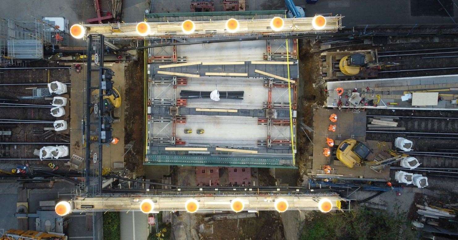 An aerial shot of the bridge slowly moving into position alongside the tracks. Picture courtesy of: Network Rail Air Ops/Network Rail