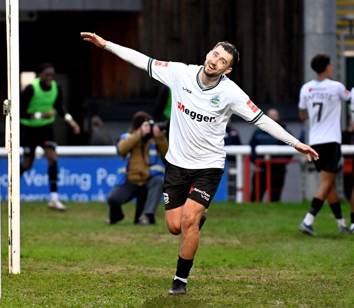 Alfie Matthews celebrates Dover’s equaliser just before half-time. Picture: Barry Goodwin