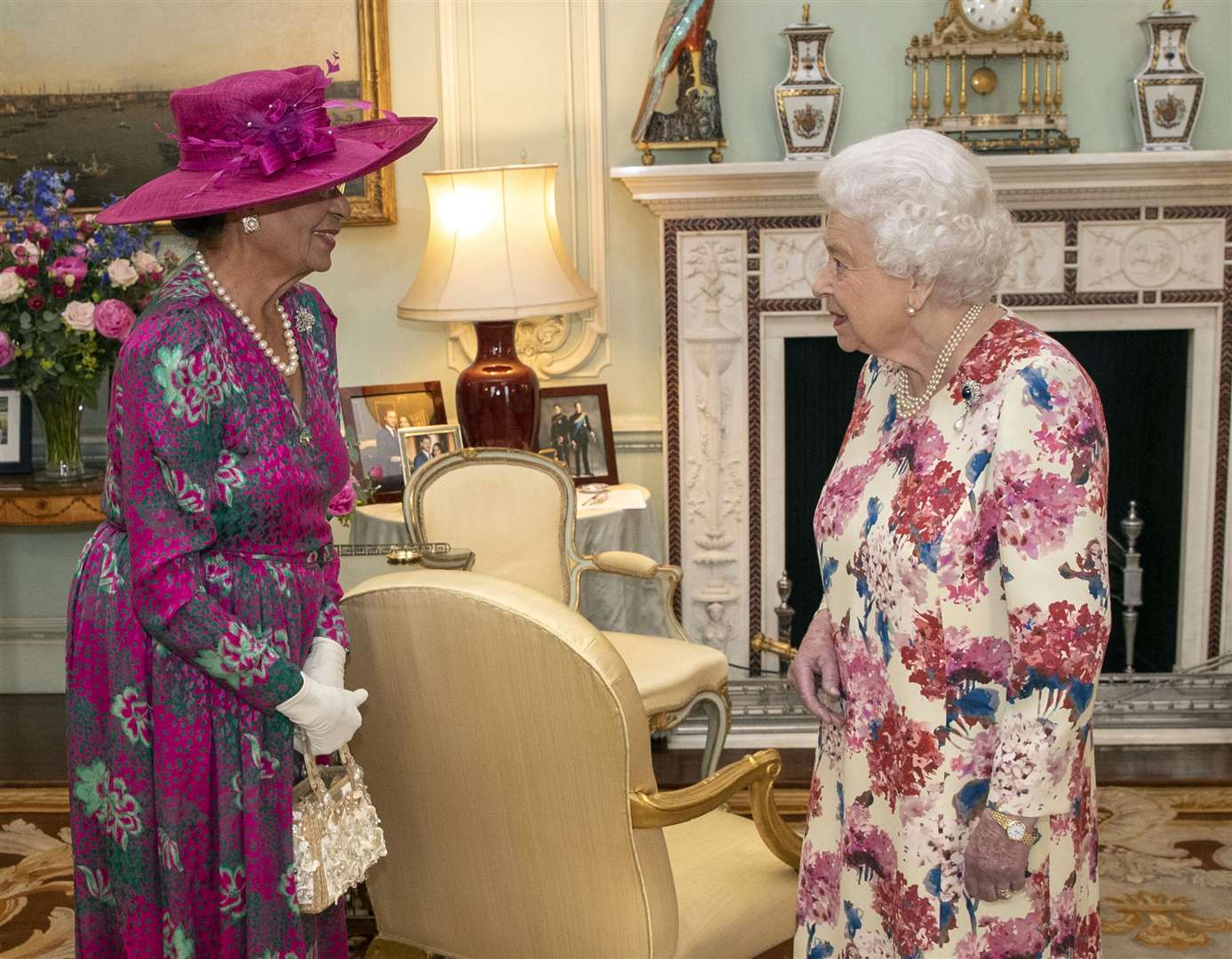 The Queen with the governor-general of the Commonwealth of the Bahamas, Dame Marguerite Pindling (Steve Parsons/PA)