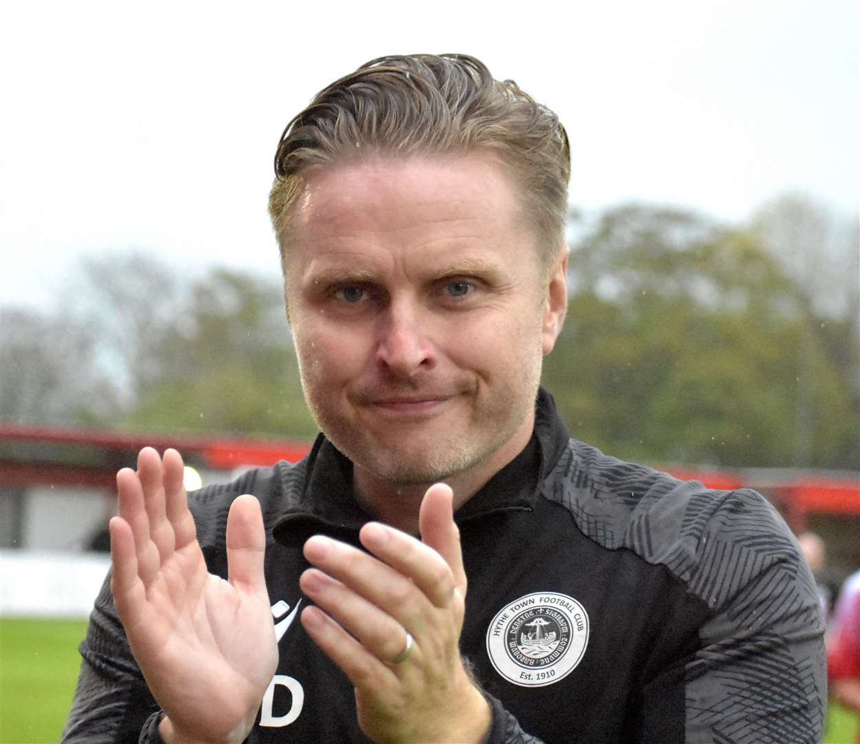 Hythe boss Nick Davis celebrates at the full-time whistle. Picture: Randolph File