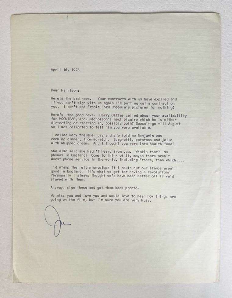 Letter from Patricia McQueeney to Harrison Ford. (Excalibur Auctions)