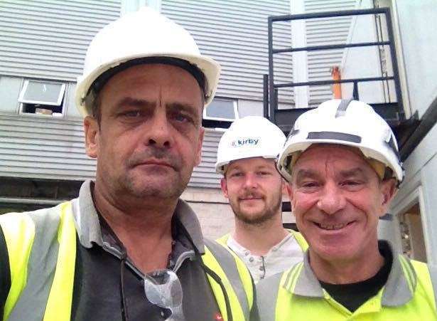 (L - R) Kevin Scallon with employees Martin Birt and Jimmy McMullan