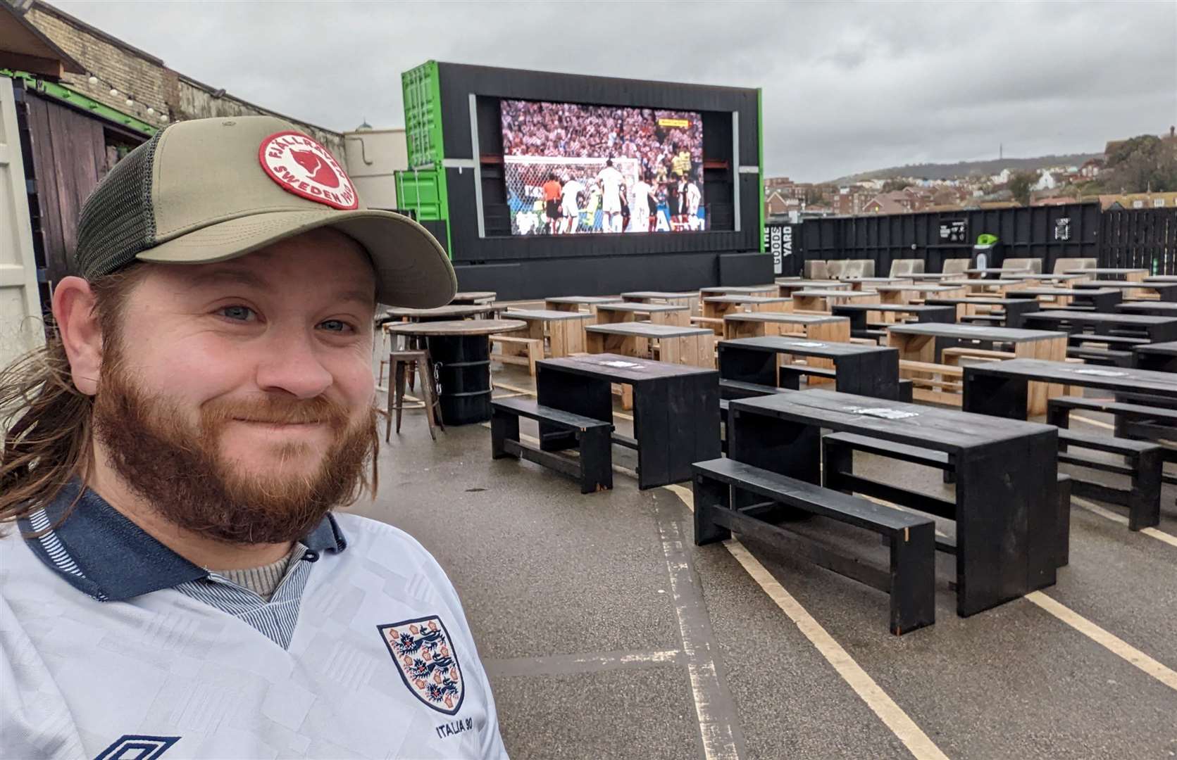 Rhys Griffiths at a wet and windy Folkestone harbour arm as England took part in the winter World Cup in Qatar in 2022