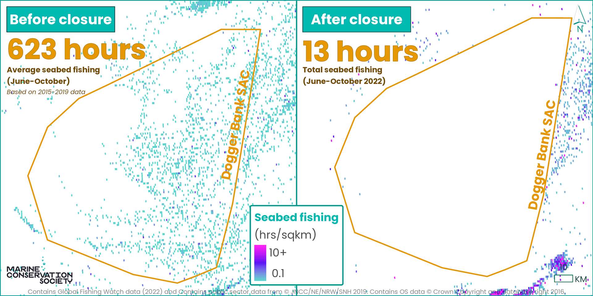 Map showing before and after fishing with bottom-towed gear in Dogger Bank (Marine Conservation Society/PA)