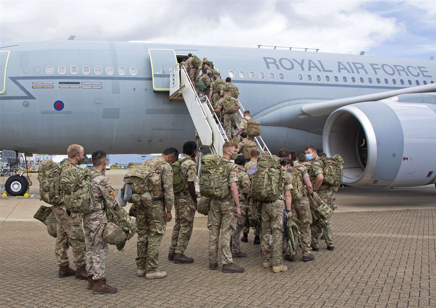 UK military personnel prior to boarding an RAF Voyager aircraft as part of a UK force sent to assist with the operation to rescue British nationals in Afghanistan (Mrs Sharron Flyod/MoD/Crown Copyright/PA)