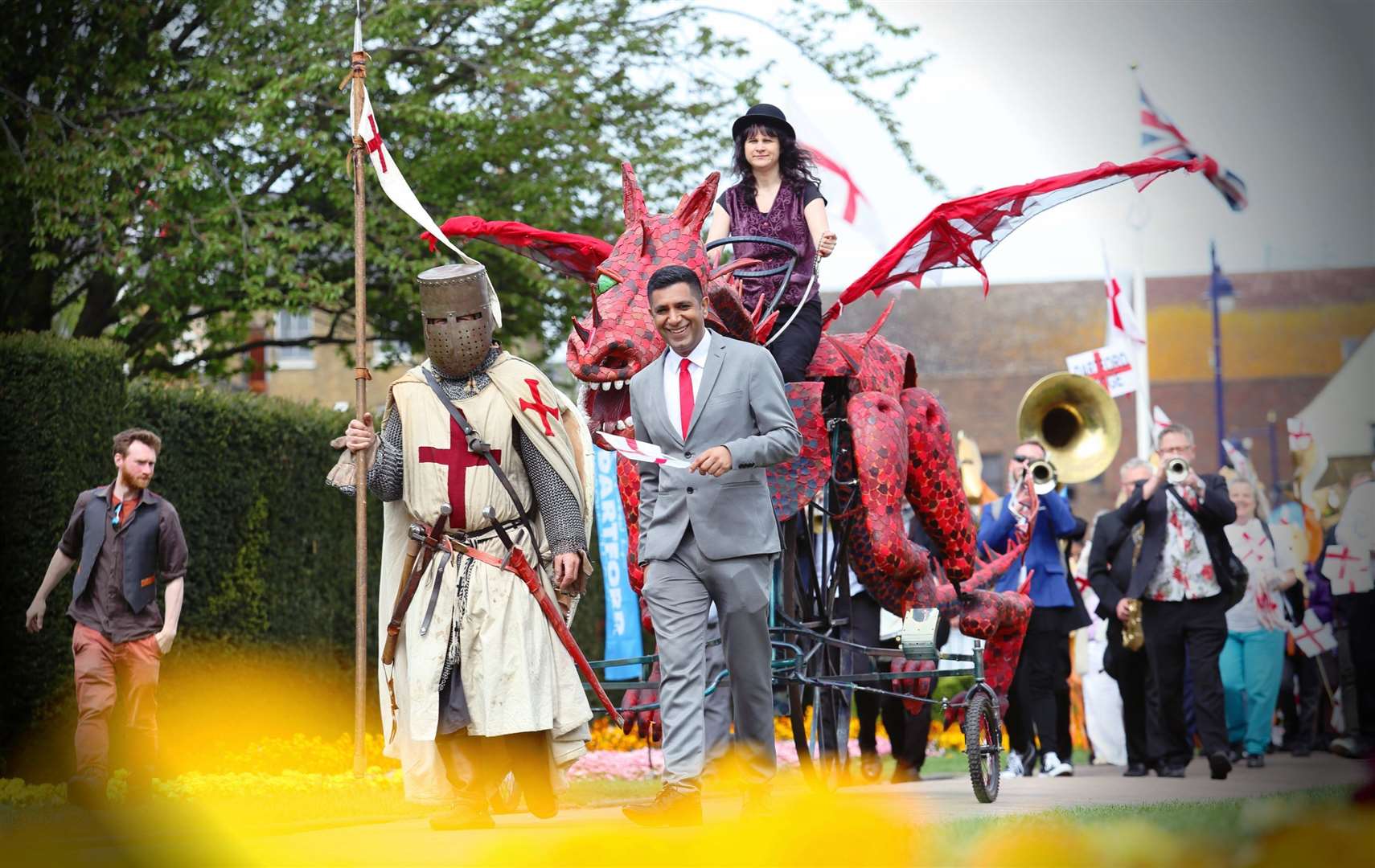 Gurvinder Sandher joined by a Saint George's knight during celebrations in 2018