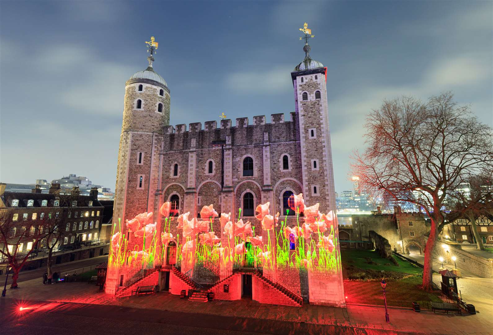 A field of poppies projected onto the White Tower (Luxmuralis/Historic Royal Palaces/PA)