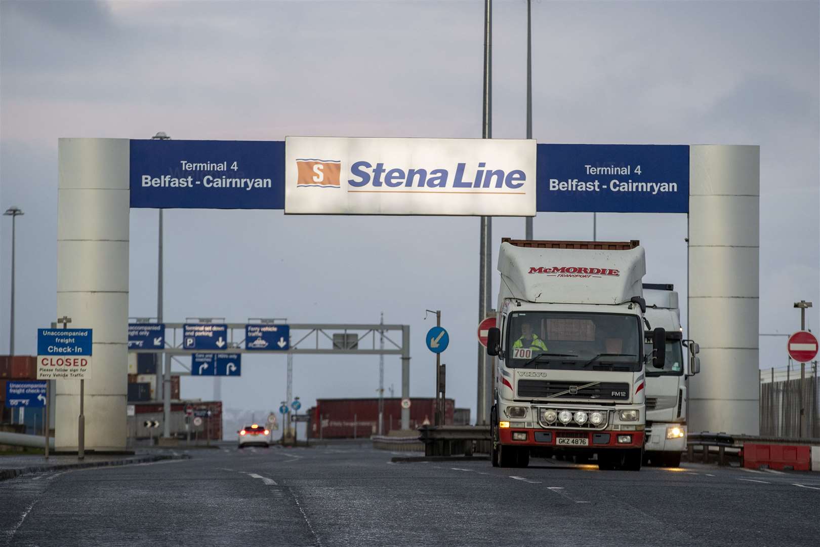 A lorry passes under a sign for the Stena Line Terminal 4 between Belfast and Cairnryan (Liam McBurney/PA)