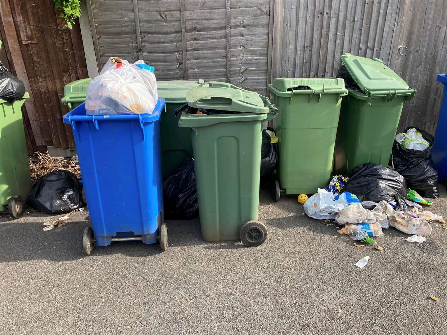 Bins have been piling up across Swale, including at the back of Harris Gardens in Sittingbourne. Picture: Jess Bond