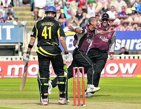 Martin van Jaarsveld is dismissed during Kent Spitfires' innings at Edgbaston. Picture: Barry Goodwin