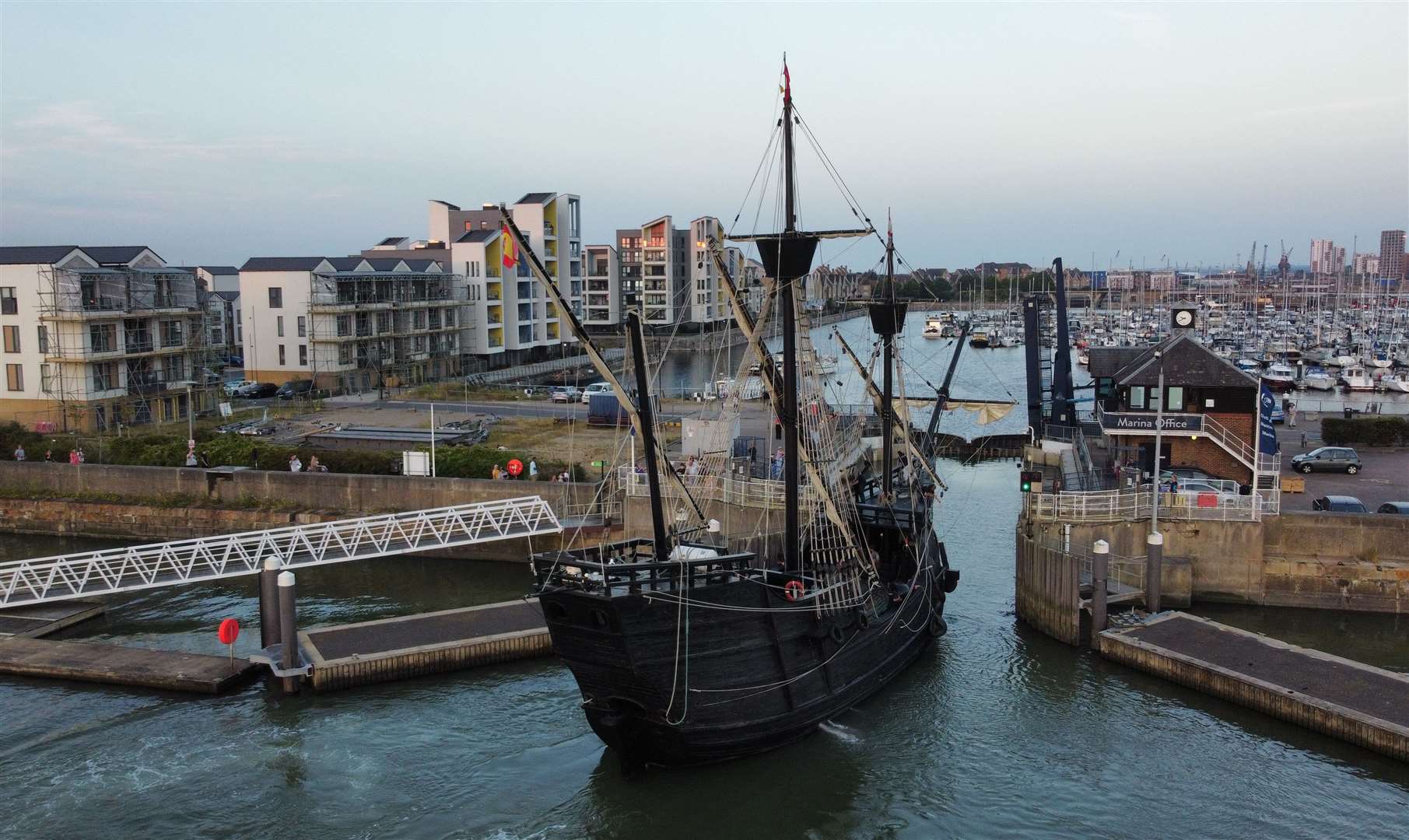 The Nao Victoria arriving in the Chatham Maritime Marina yesterday evening. Photo: Jason Arthur