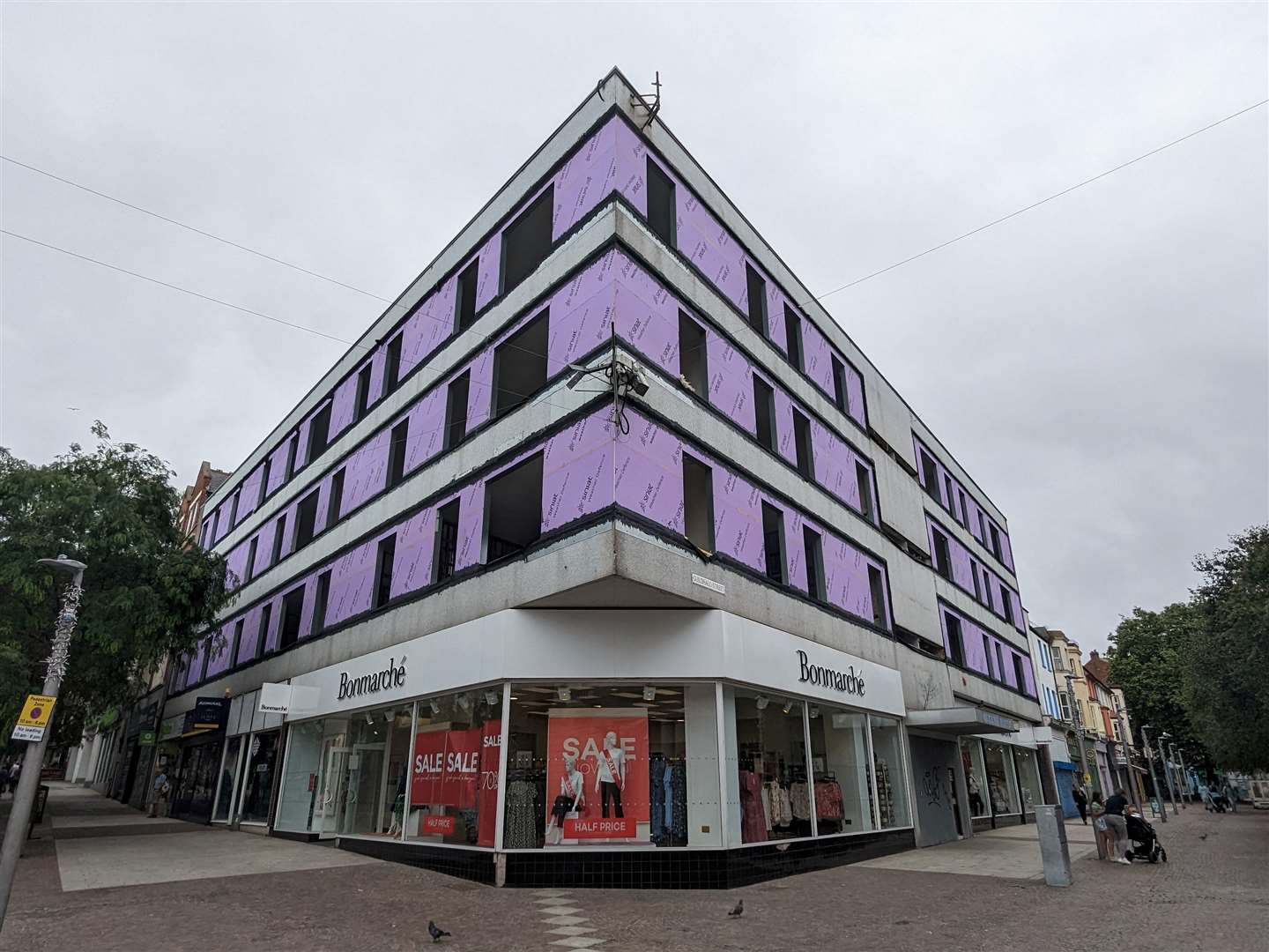 Pink weather-resistant boarding is now on display at Queens House above the Bonmarche store on the corner of Guildhall Street in Folkestone