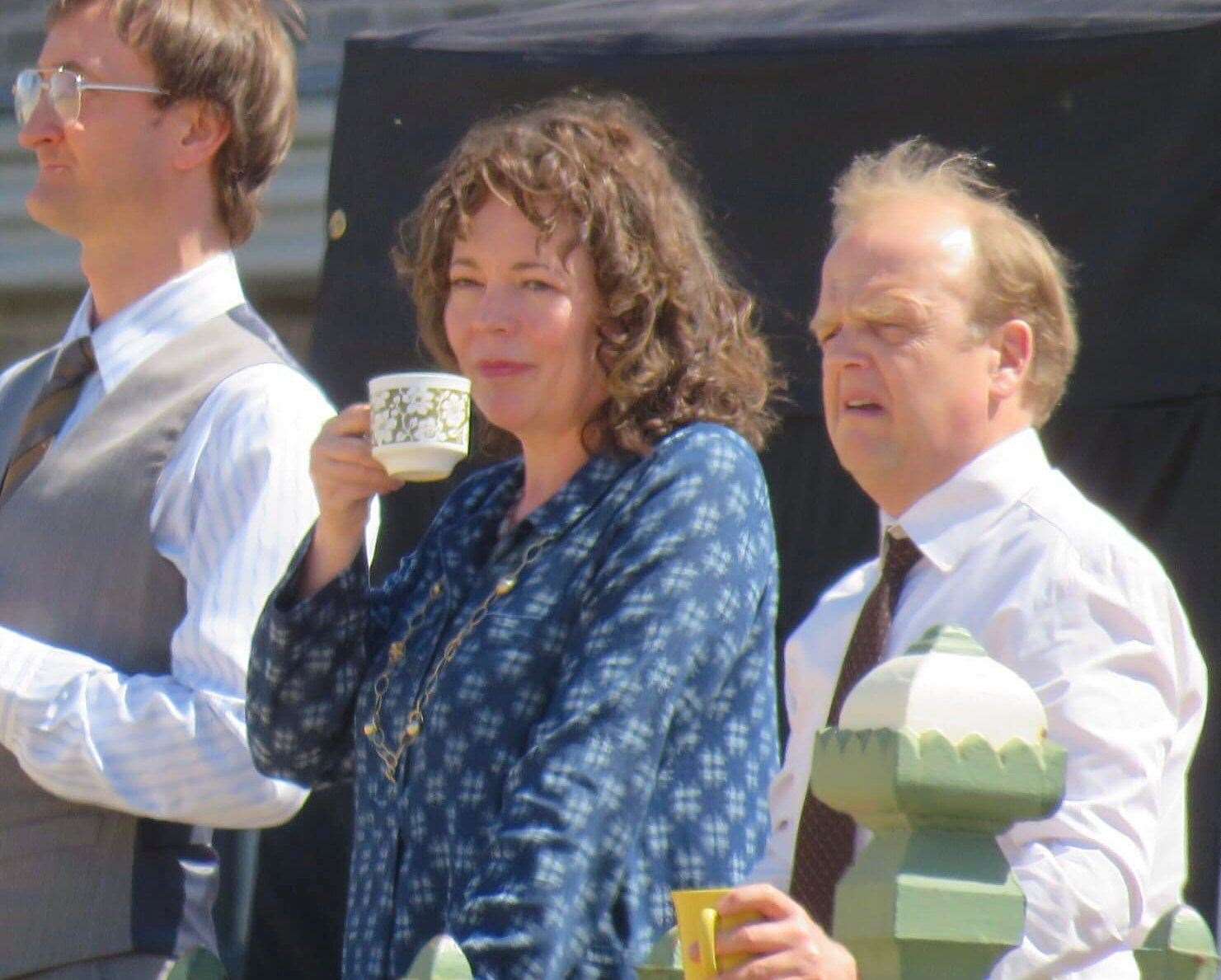 Sam Mendes, Olivia Colman, Toby Jones and Tom Brooke on Margate seafront while filming Empire of Light. Picture: Roberto Fabiani