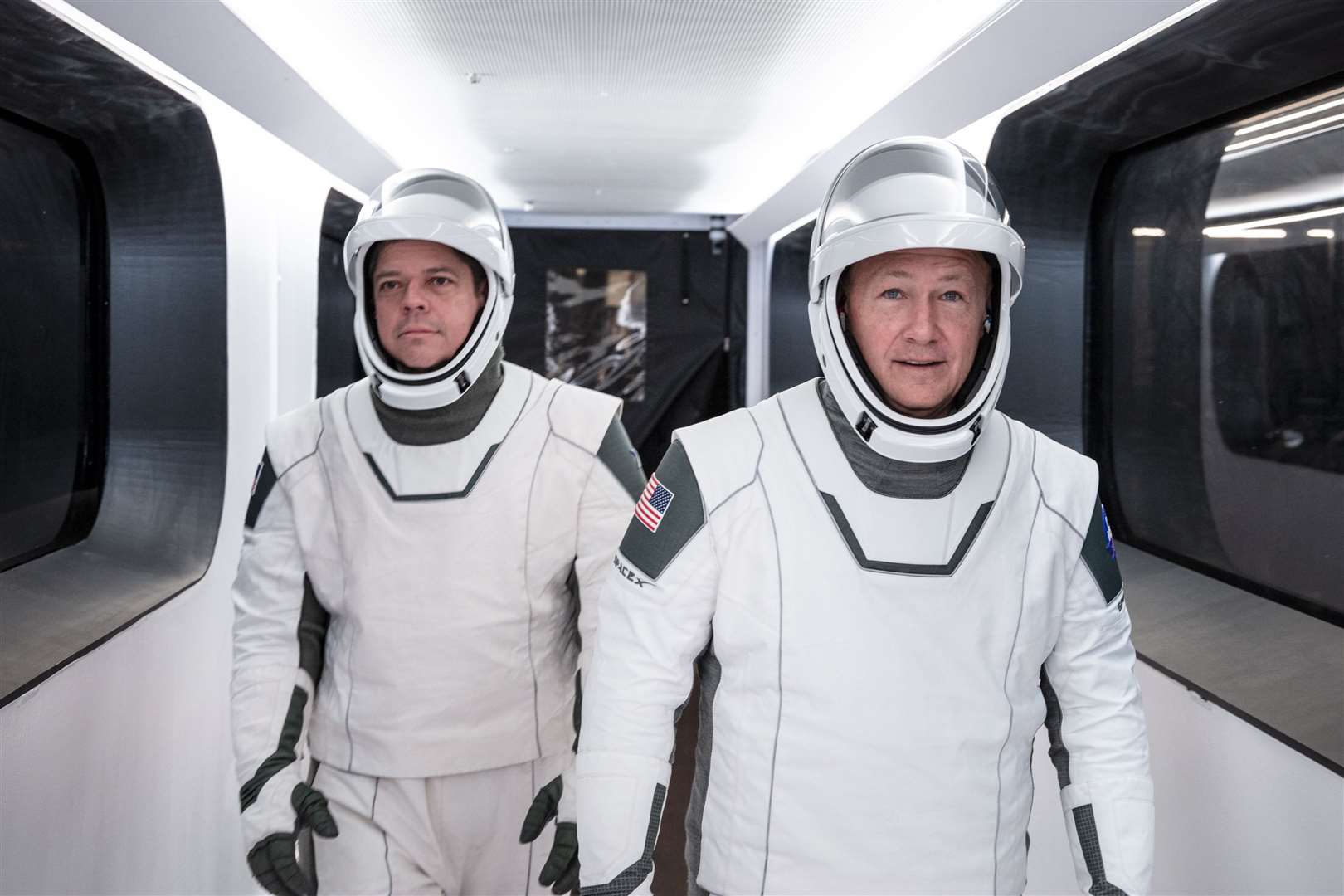 Nasa astronauts Bob Behnken and Doug Hurley in their spacesuits designed by SpaceX (SpaceX/Nasa/PA)