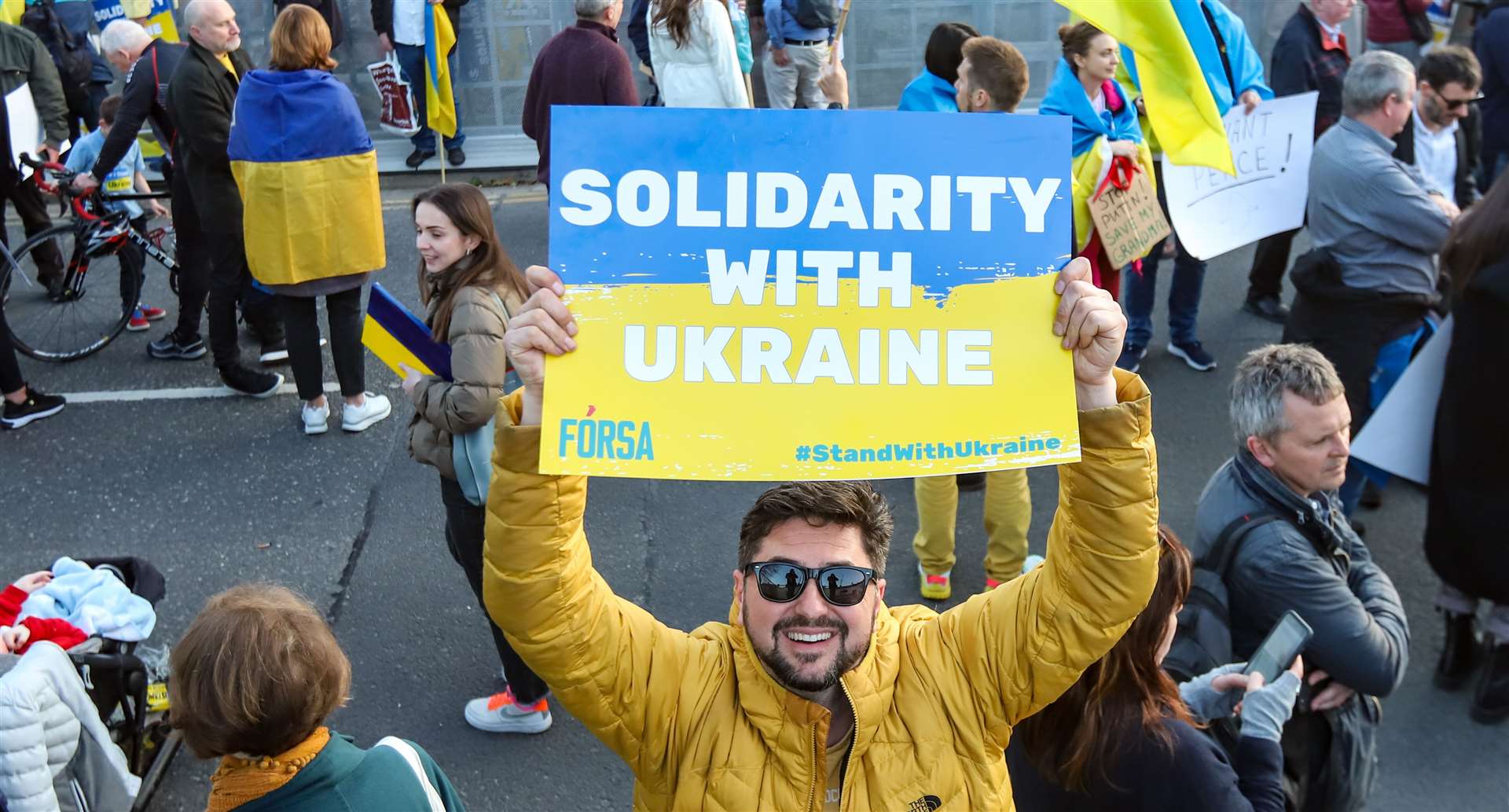 Protesters gathered outside the Russian Embassy in south Dublin to mark one month since the invasion of Ukraine (PA)