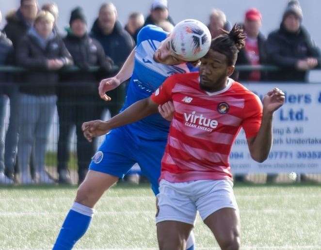 Ebbsfleet's Dominic Poleon is beaten to the ball by Tonbridge. Picture: Ed Miller/EUFC