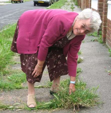 Trixie Hayes tries in vain to pull out stubborn weeds from the pavement outside her home